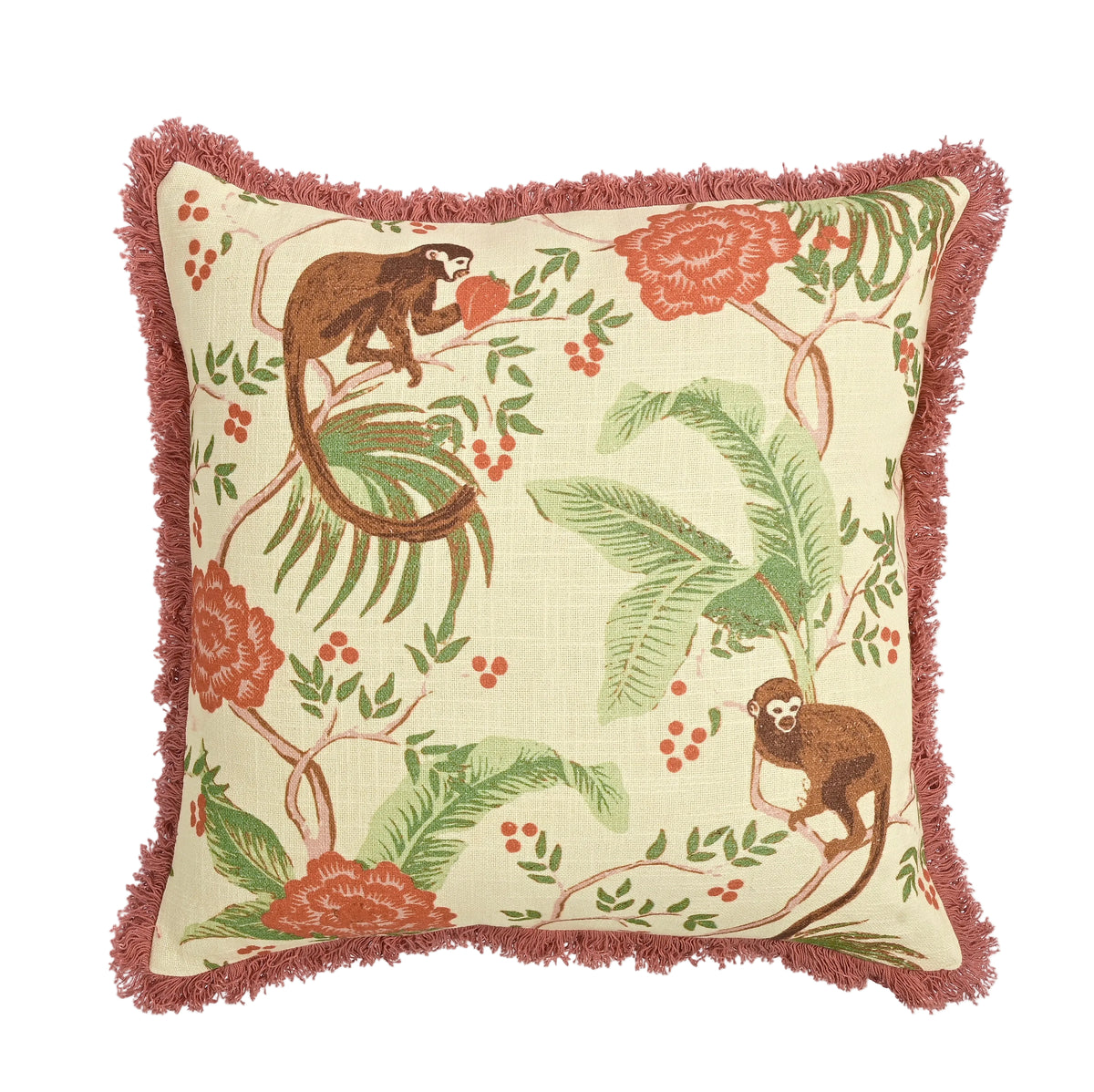 Zuri Botanical Handmade Monkey Print Cushion with Fringe Border 46 x 46cm