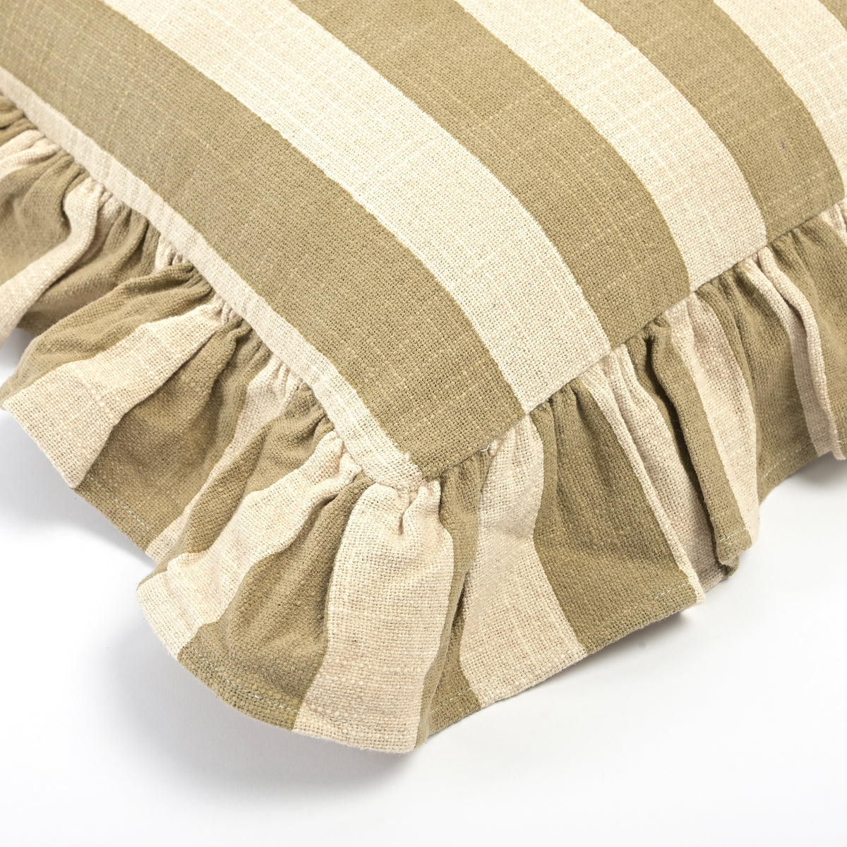 Marina Stripe Cotton Handmade Cushion with Ruffle Trim in Sand and White 46 x 46cm