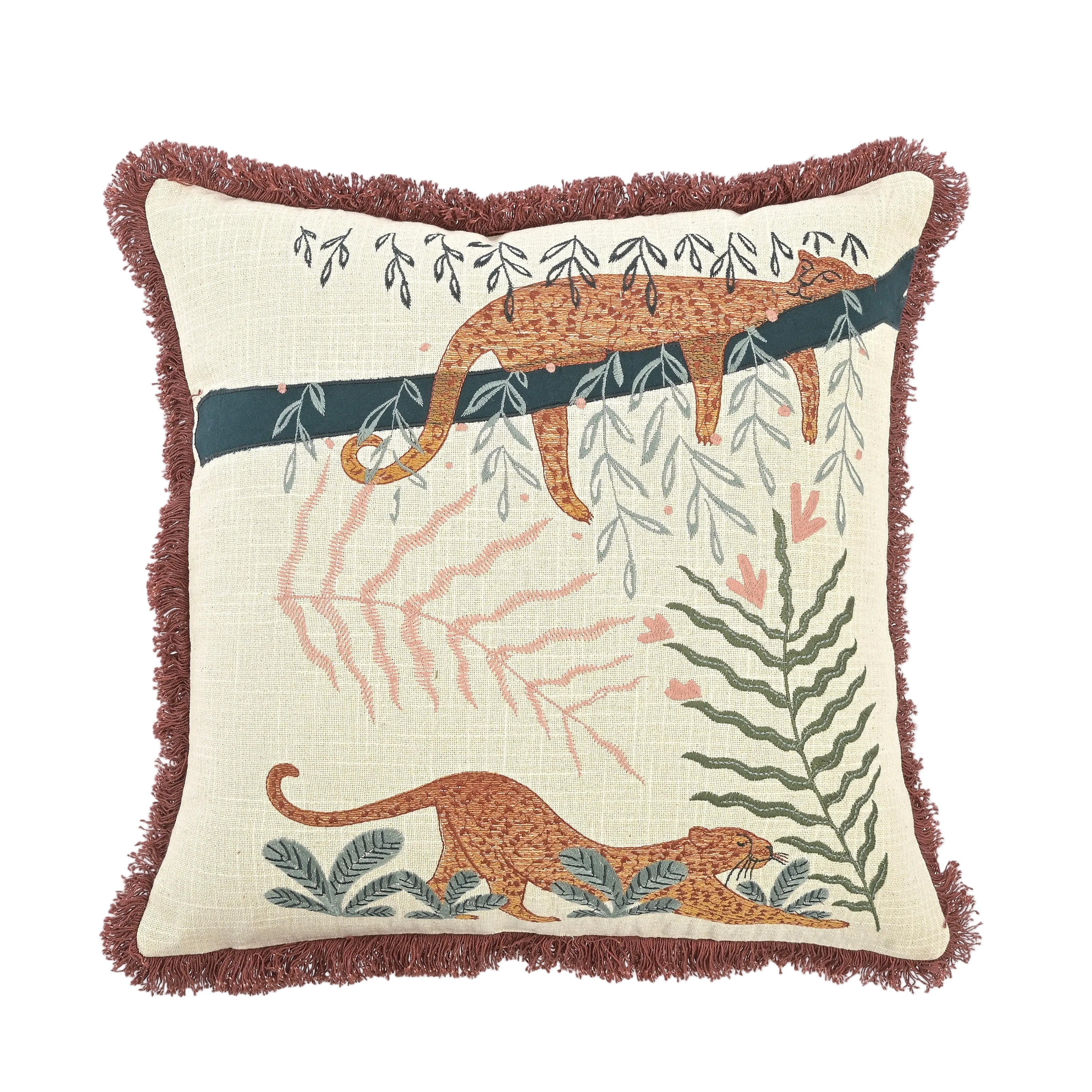 Leona Machine Embroidered Wild Cat Handmade Botanical Cushion with Fringe Trim 46 x 46cm