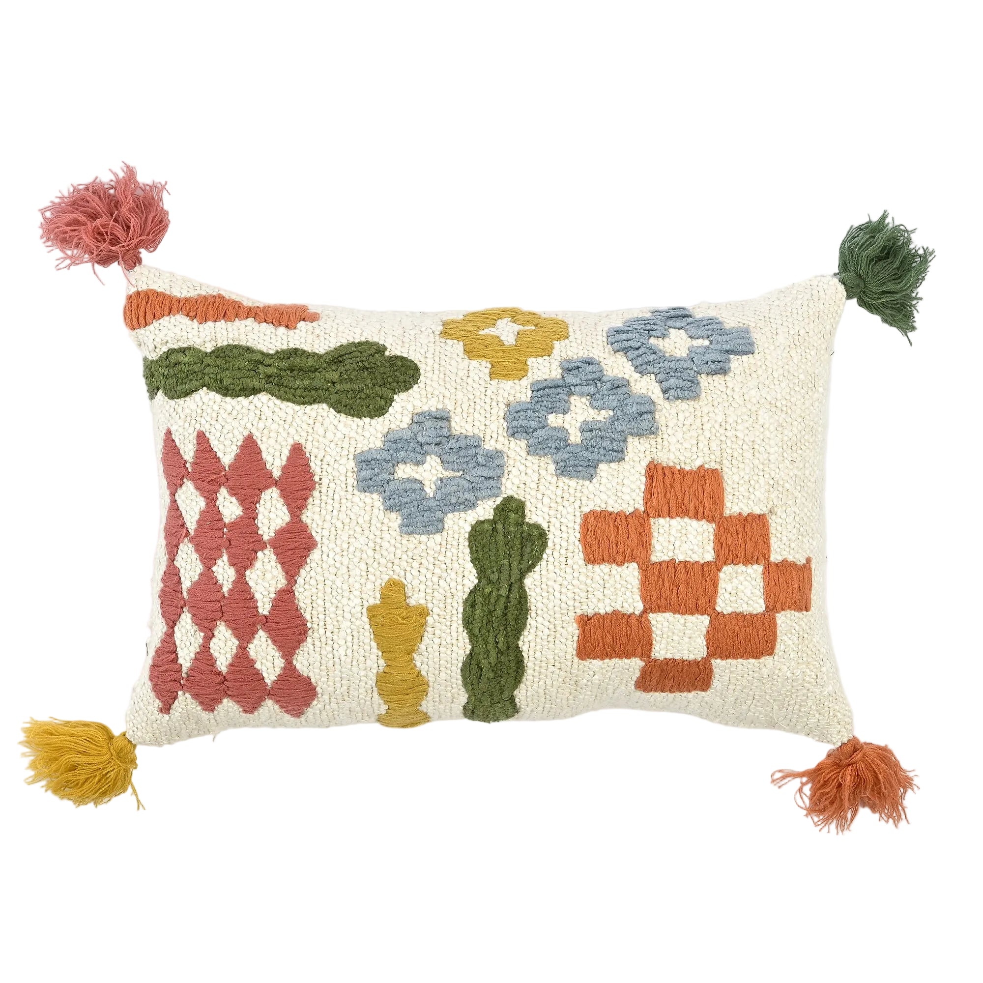 Geo Geometric Embroidered Handmade Cushion with Corner Tassels 30 x 46cm