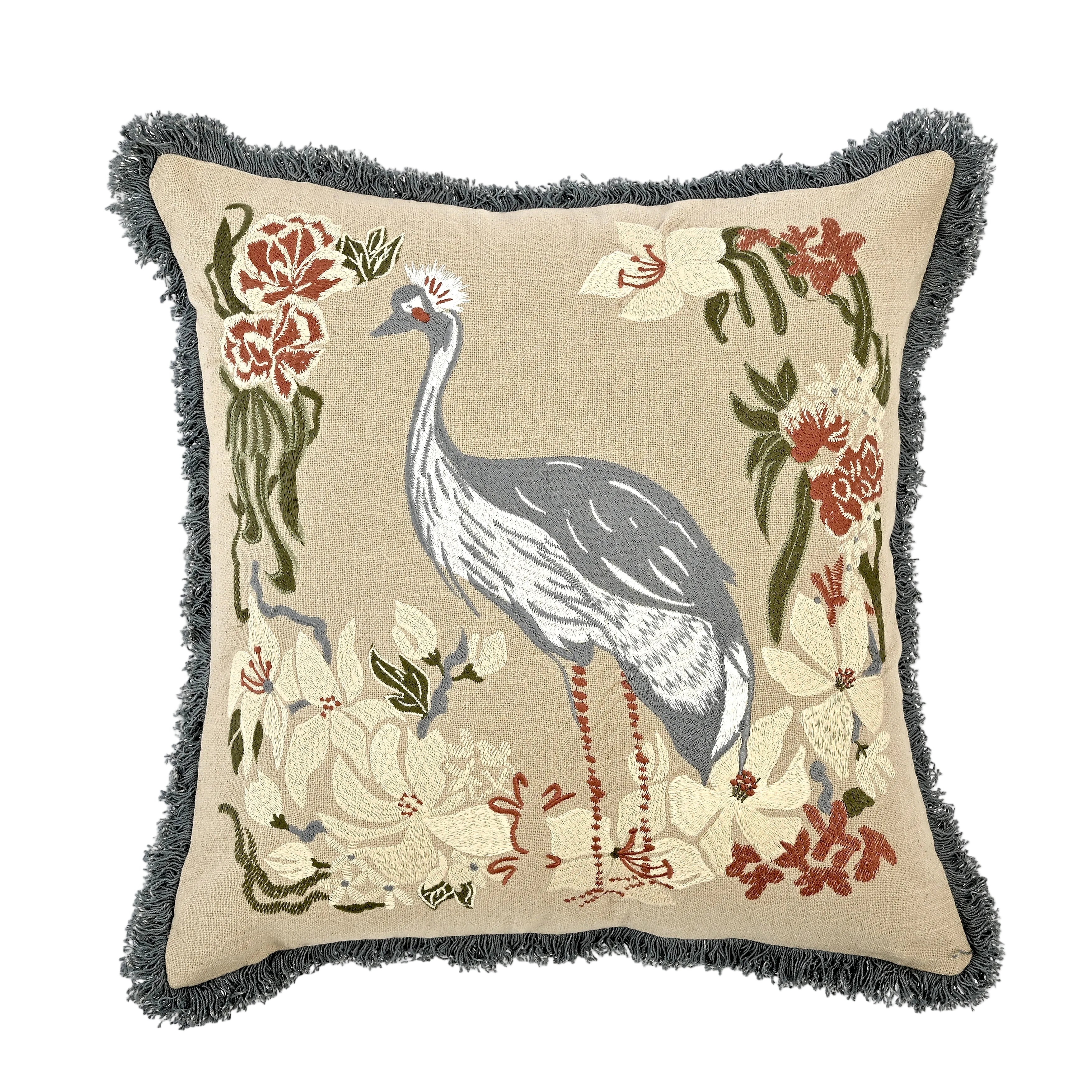 Flora Crane Machine Embroidered Handmade Botanical Bird Cushion with Fringe Trim 46 x 46cm