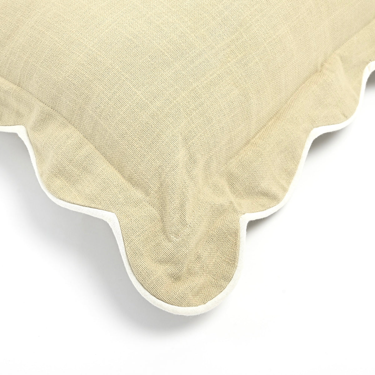 Cordelia Scalloped Edge Cotton Handmade Cushion in Natural with White Piping 46 x 46cm