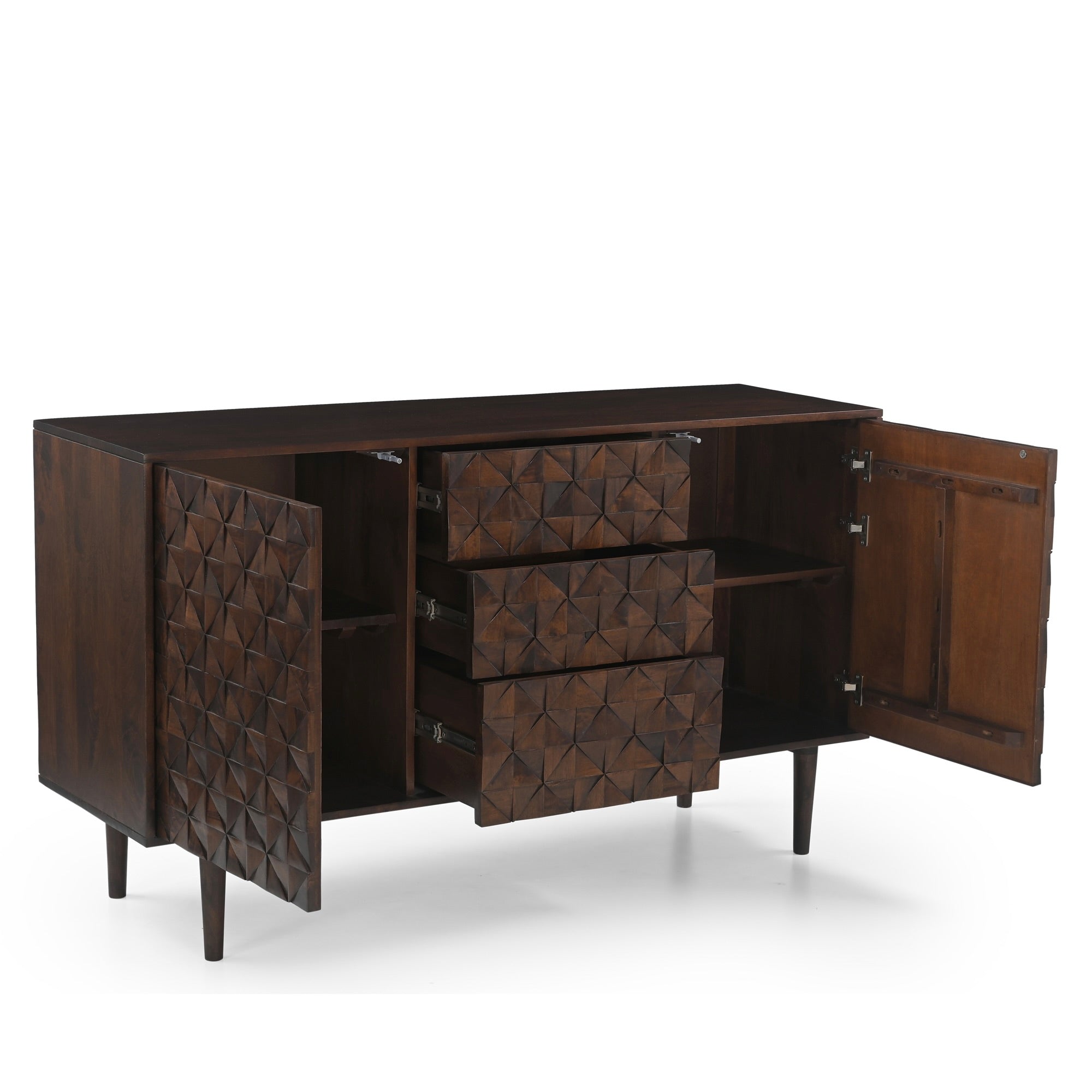 Kuri Solid Mango Wood Large 2 Door 3 Drawer Sideboard Dark Brown (150cm)