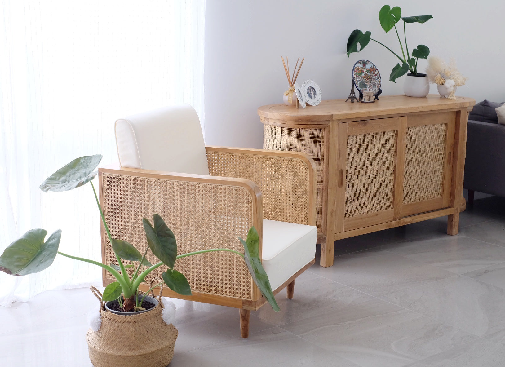 Puteri Solid Teak Sideboard with Natural Rattan