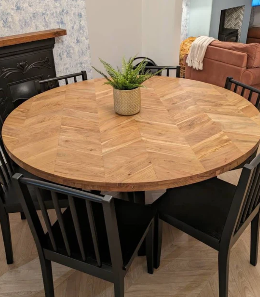 Cala Solid Acacia Wood Parquet Style Industrial Dining Table (3 Sizes)