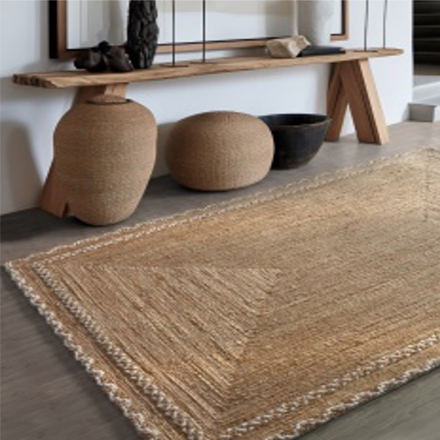 Vinseck Handmade Flat Weave Jute & Wool Rug in Natural & Ivory (2 Sizes)