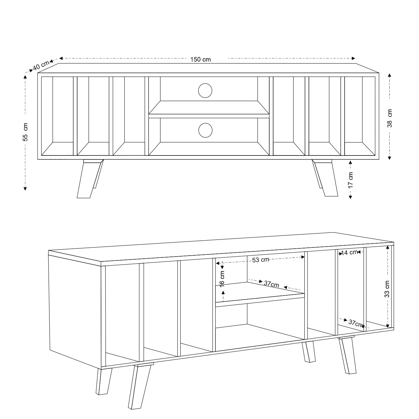 Line drawing of a TV stand with dimensions