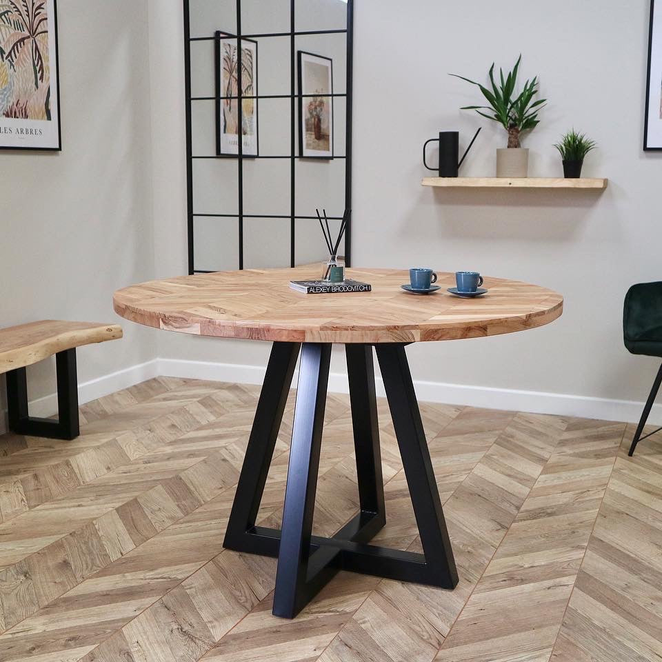 Cala Solid Acacia Wood Parquet Style Industrial Dining Table (3 Sizes)