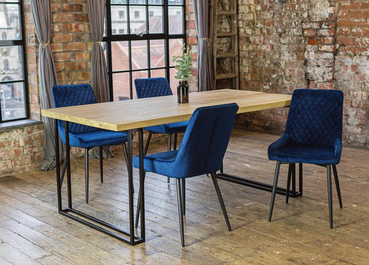Nara Solid Mango Wood Dining Table with 4 or 6 Ava Dining Chairs in Blue