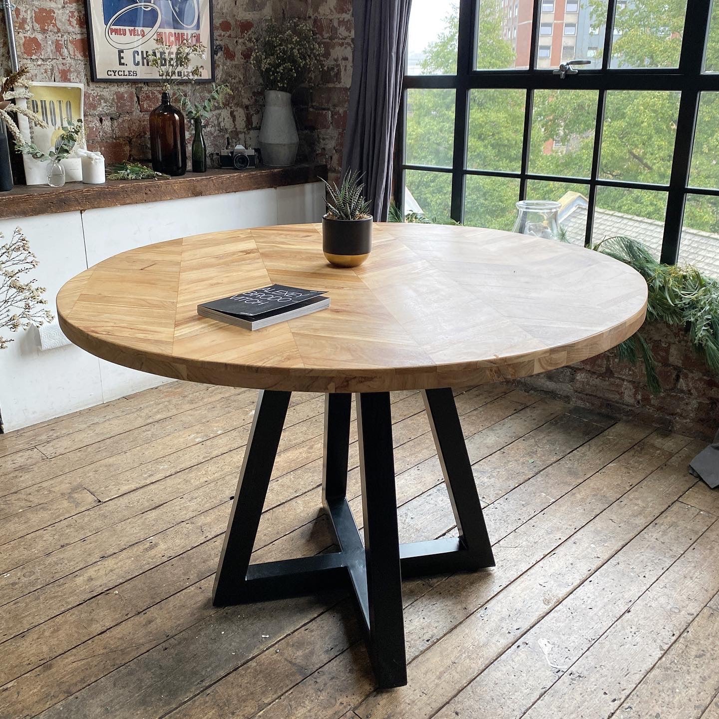 Cala Solid Acacia Wood Parquet Style Industrial Dining Table (3 Sizes)