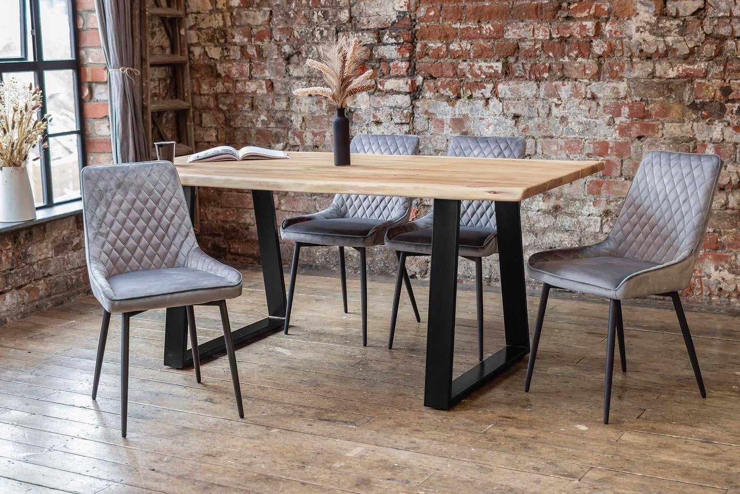 Indiana Solid Acacia Wood Dining Table Set with 4 or 6 Ava Dining Chairs in Grey