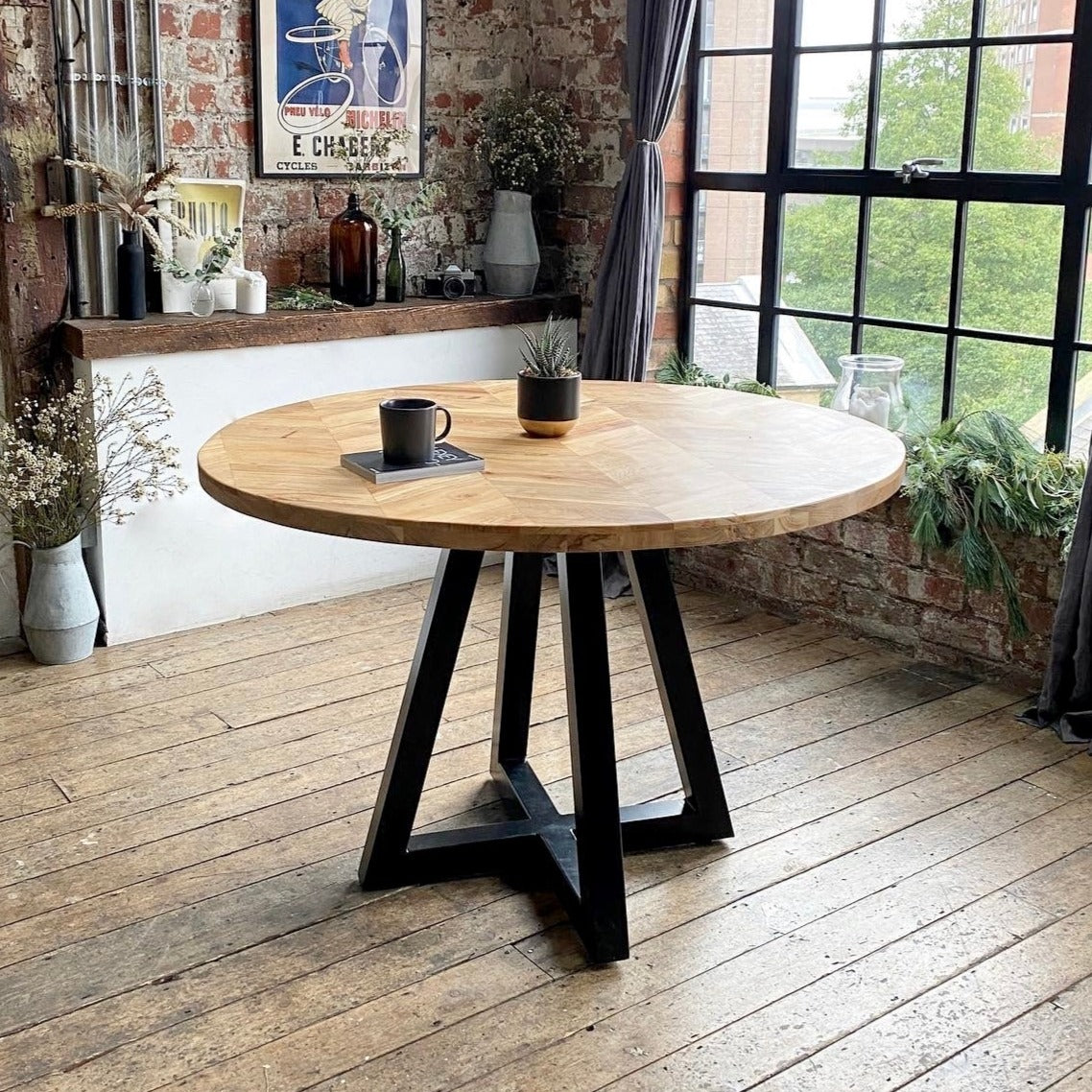 Cala Solid Acacia Wood Parquet Style Industrial Dining Table