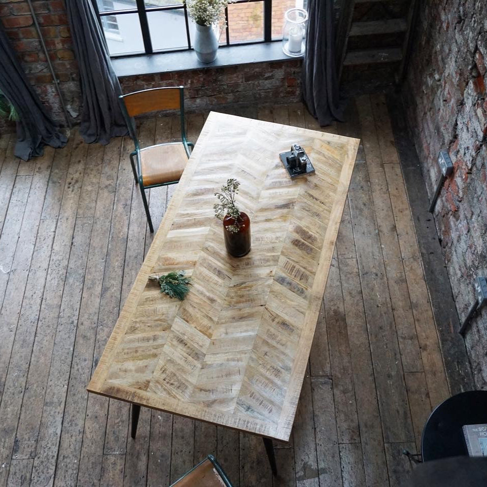 Leo Parquet Style Solid Mango Wood Industrial Dining Table (3 Sizes)