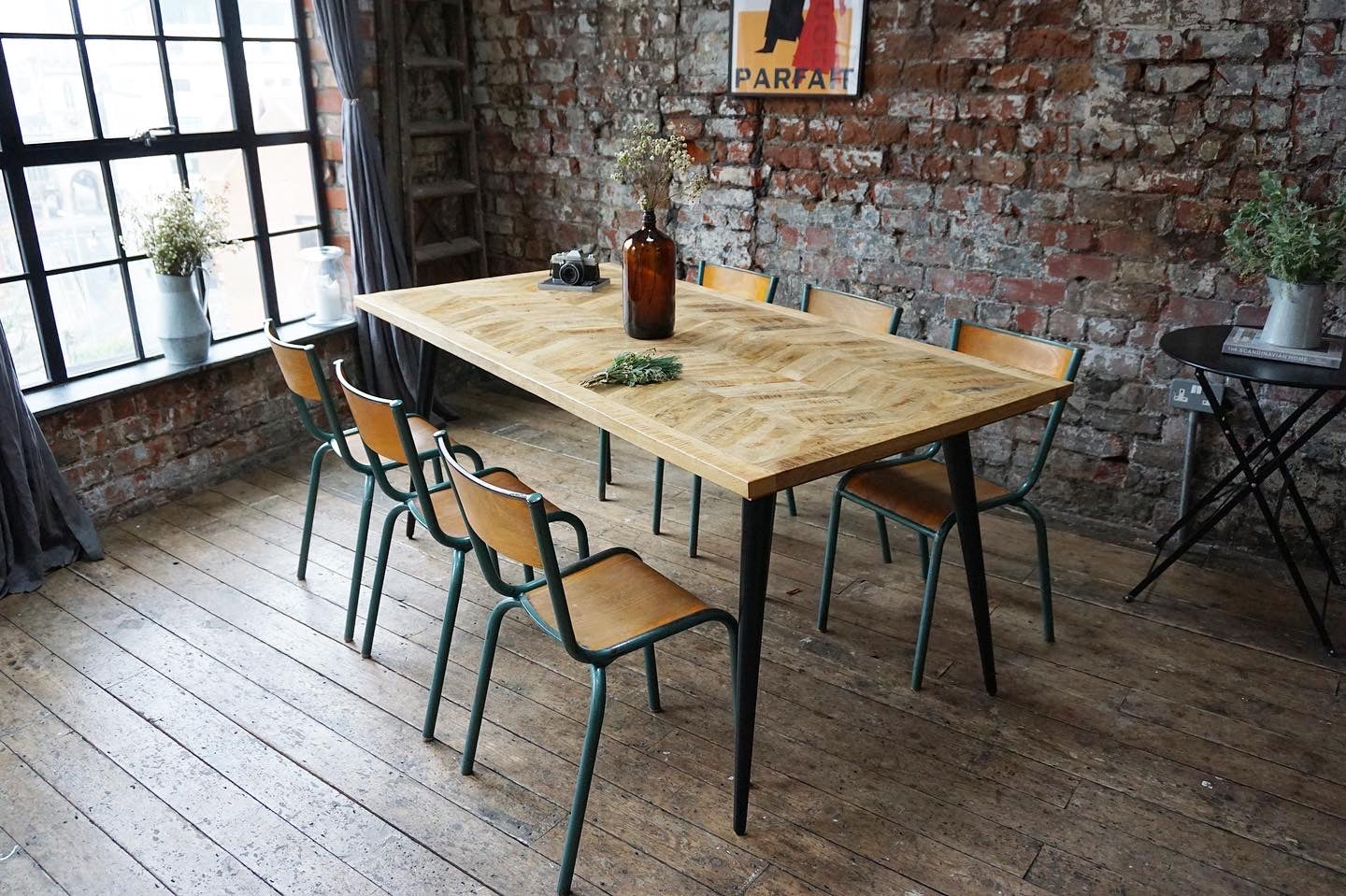 Parquet dining table and bench deals