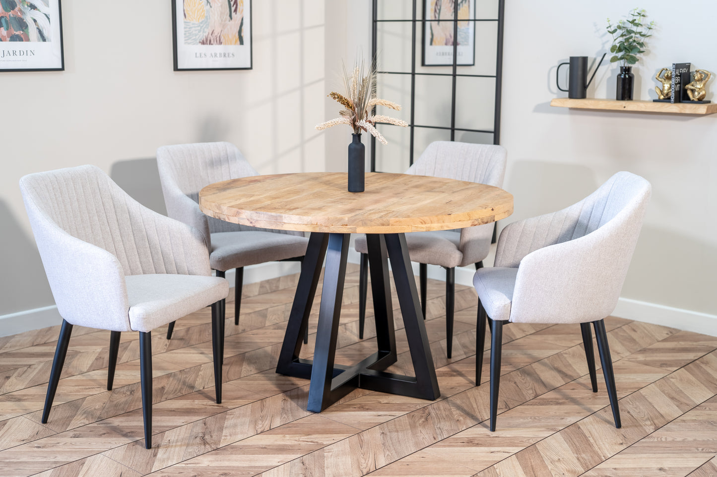 Ida Solid Mango Wood Dining Set with Aria Dining Chairs in Stone Beige