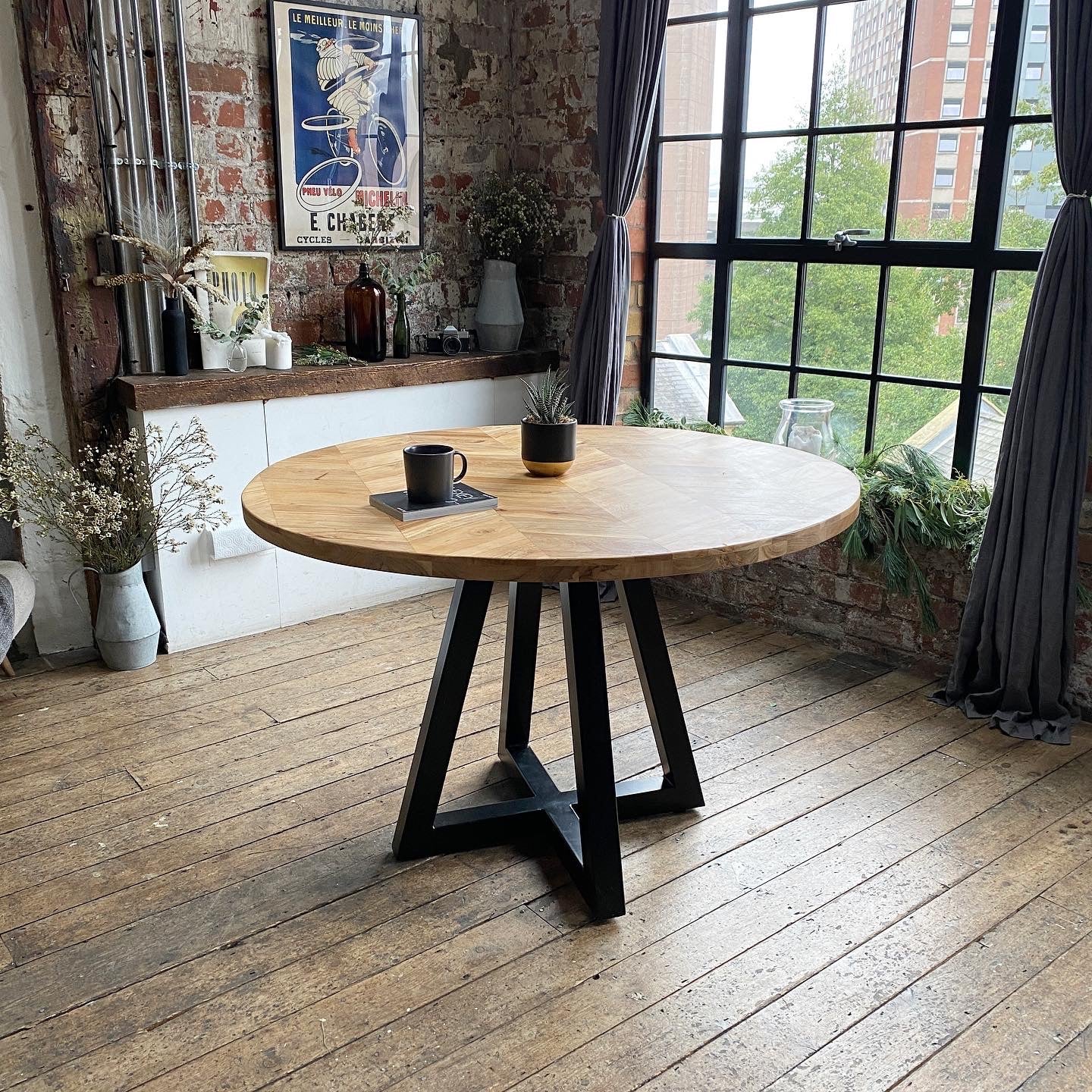 Cala Solid Acacia Wood Parquet Style Industrial Dining Table