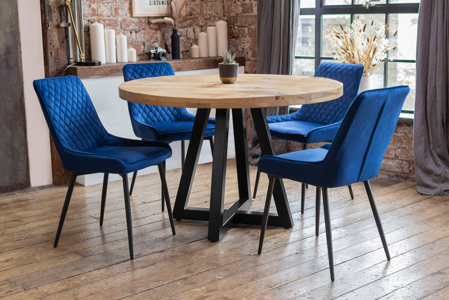 Ida Solid Mango Wood Dining Set with 4-6 Ava Dining Chairs in Blue