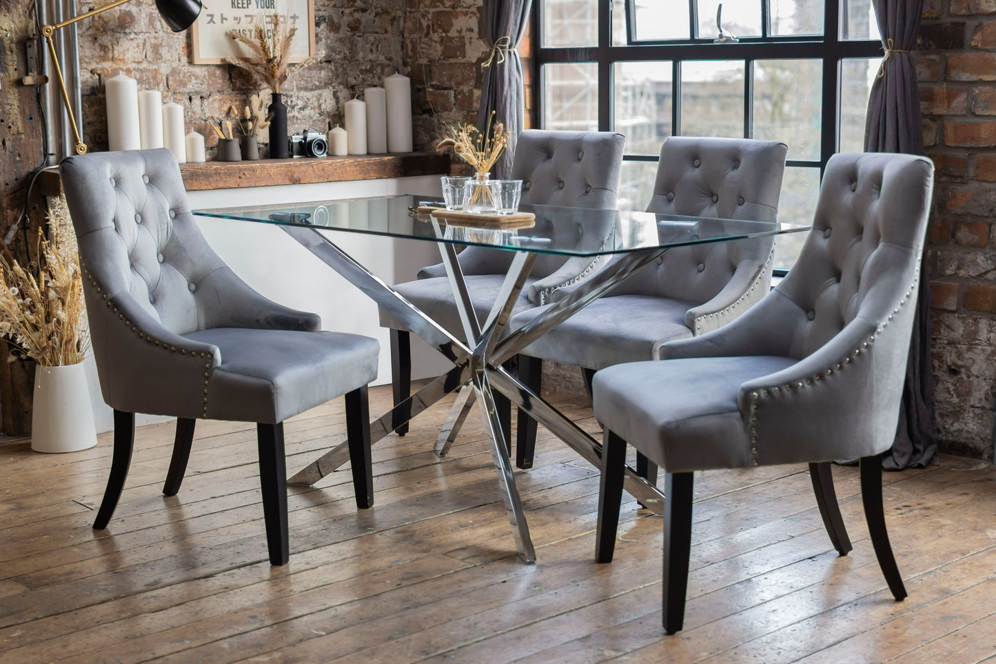 Selina Dining Set with 4 Portia Dining Chairs in Grey