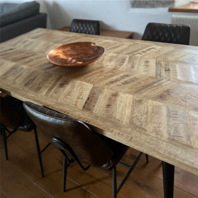 Leo Parquet Style Solid Mango Wood Industrial Dining Table (3 Sizes)